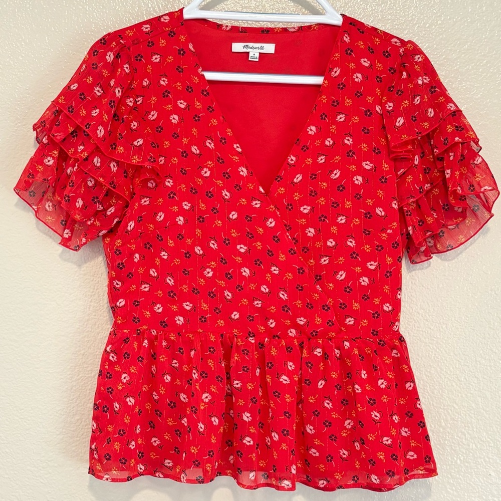 Madewell Tiered-Sleeve Peplum Top in Metallic Prairie Posies Size 8